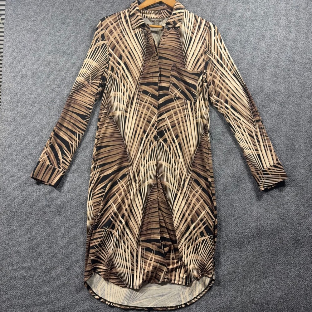 Tommy Bahama Palm Leaf Print Shirt Dress Brown Tan Long Sleeve Medium EXCELLENT